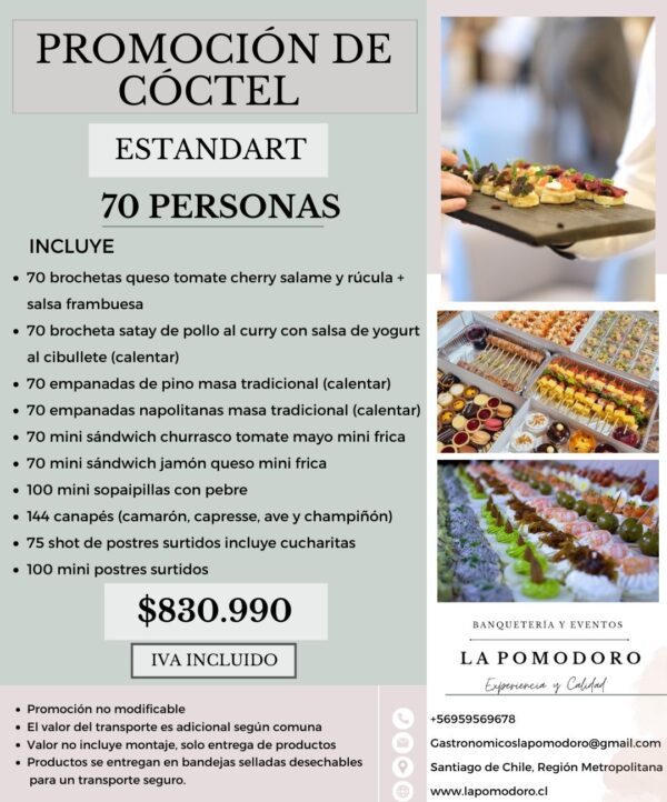 PROMOCIÓN CÓCTEL ESTANDAR 70 PERSONAS (Detalles en descripción)