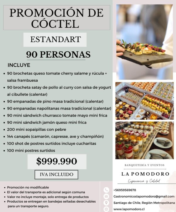 PROMOCIÓN CÓCTEL ESTANDAR 90 PERSONAS (Detalles en descripción)