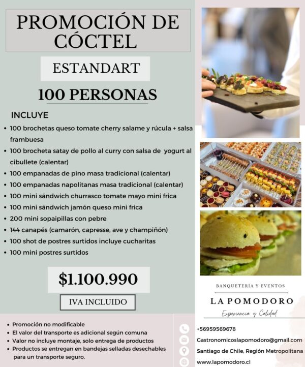PROMOCIÓN CÓCTEL ESTANDAR 100 PERSONAS (Detalles en descripción)