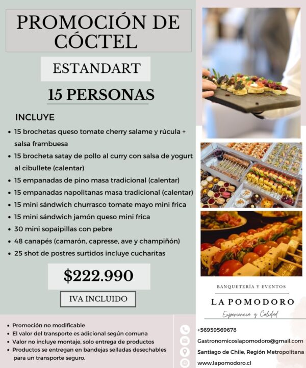 PROMOCIÓN CÓCTEL ESTANDAR 15 PERSONAS (Detalles en descripción)
