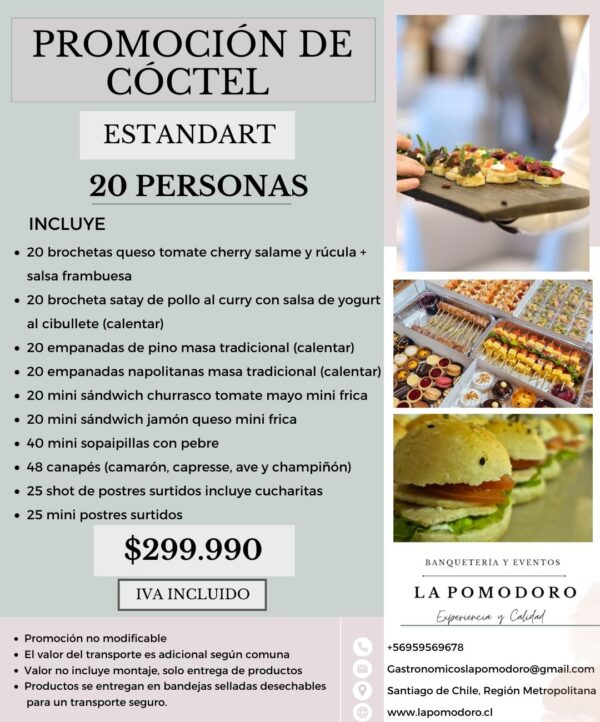 PROMOCIÓN CÓCTEL ESTANDAR 20 PERSONAS (Detalles en descripción)