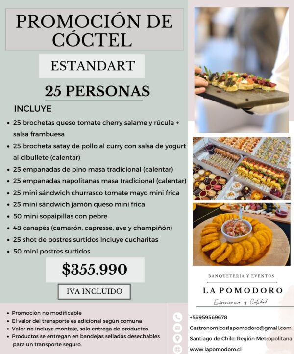 PROMOCIÓN CÓCTEL ESTANDAR 25 PERSONAS (Detalles en descripción)