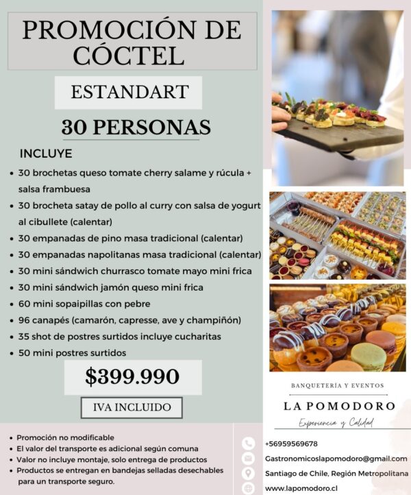 PROMOCIÓN CÓCTEL ESTANDAR 30 PERSONAS (Detalles en descripción)