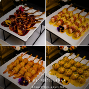 60 brochetas calientes 4 variedades + salsas (filete, pollo, camarón, ají de gallina)