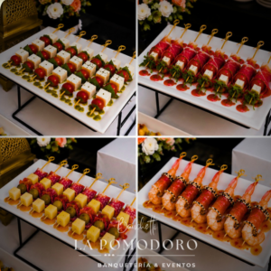 60 brochetas frías 4 variedades + salsas (capresse, camarón, queso serrano y queso salame)