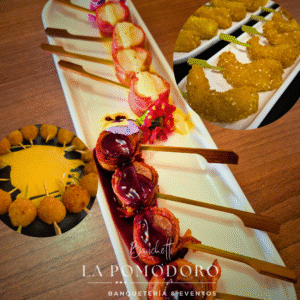 60 brochetas calientes 4 variedades + salsas (filete, pollo, camarón, ají de gallina)