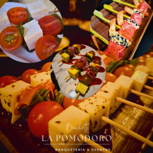 60 brochetas frías 4 variedades + salsas (capresse, camarón, queso serrano y queso salame)