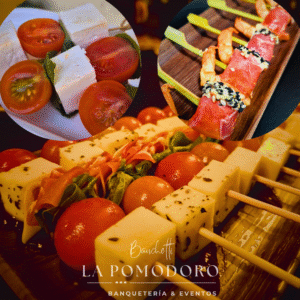 45 brochetas frías 3 variedades + salsas (capresse, camarón, queso jamón serrano)