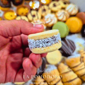 25 unidades de mini alfajores de maicena rellenos de dulce de leche con borde de coco