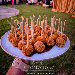 25 brochetas calientes bolita de risotto de champiñones + salsa al merlot (VEGGIE)