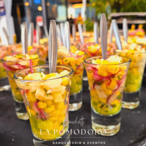 20 ceviches VEGANOS palmitos, choclo, champiñón palta + cucharitas 60 gms